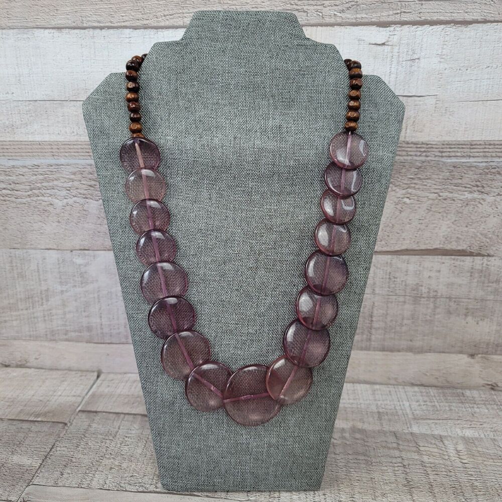 Vintage Purple Lucite Necklace Graduated Round Disc Wood Beads Bundle of Two - Picture 2 of 15